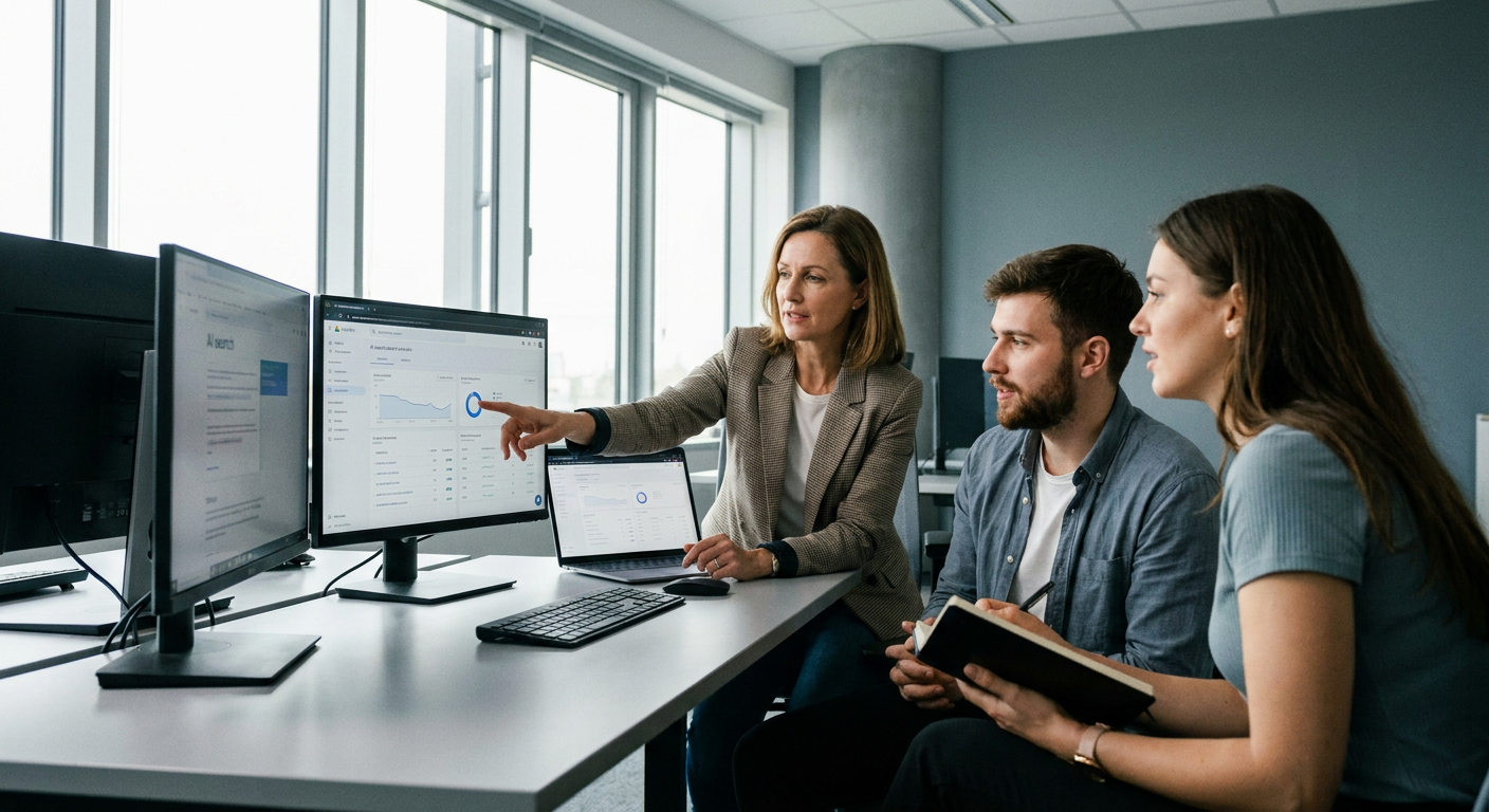 Ein engagiertes Marketing-Team sitzt zusammen an modernem Schreibtisch vor mehreren Monitoren, auf denen KI-Suchergebnisse und Analytics-Dashboards leuchten. Eine Mitarbeiterin mittleren Alters in Business-Casual-Kleidung deutet konzentriert auf einen der Bildschirme, während ihre Kollegen – ein jüngerer Mann und eine Frau mit Notizbuch – aufmerksam folgen und diskutieren. Der Raum wirkt modern und hell mit großen Fenstern im Hintergrund, die natürliches Tageslicht einfallen lassen, das sich warm über die Arbeitsflächen verteilt. Die Atmosphäre ist fokussiert und zugleich kollaborativ, ohne Stress, mit klarem Fokus auf strategische Analysen. Die Farbpalette besteht aus Grautönen, gedecktem Blau und Weiß, durchbrochen von den leuchtenden Bildschirmen, die den Raum in sanftes, konzentriertes Licht tauchen. Die Komposition zeigt das Team in der Halbtotale mit Blick von leicht schräg vorne, sodass die Monitore und die engaged Körpersprache der Personen deutlich werden. Im Stil einer hochwertigen redaktionellen Reportage-Fotografie für ein Marketing- oder Tech-Fachmagazin, authentisch und konzeptionell.